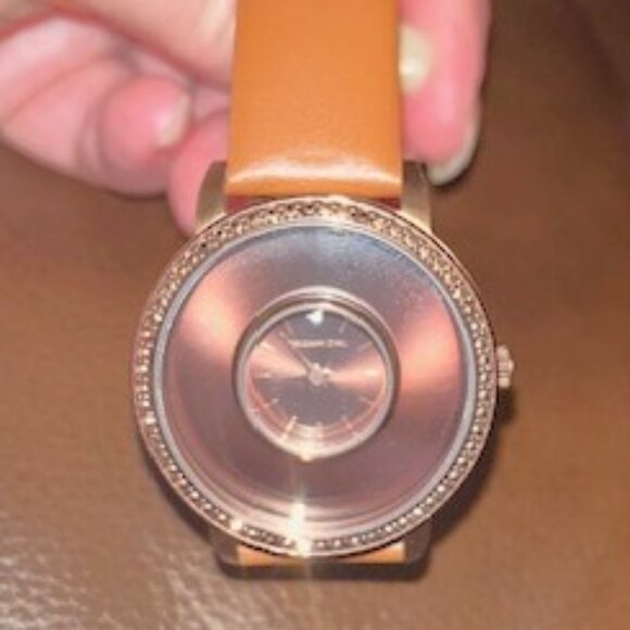 Origami Owl Watch, Dark Brown Face, Caramel Colored Rhinestones, leather band - Picture 1 of 8